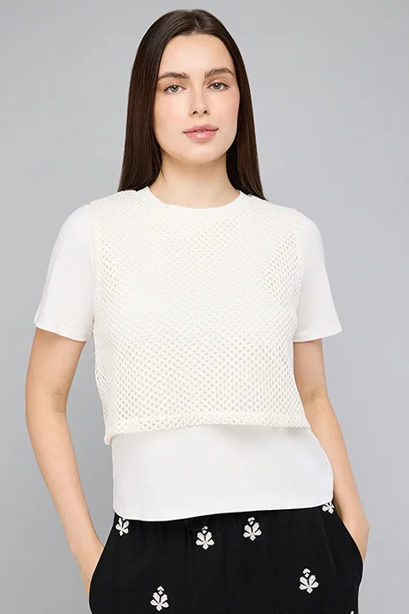 أر أند بي Solid T-Shirt with Crochet Top