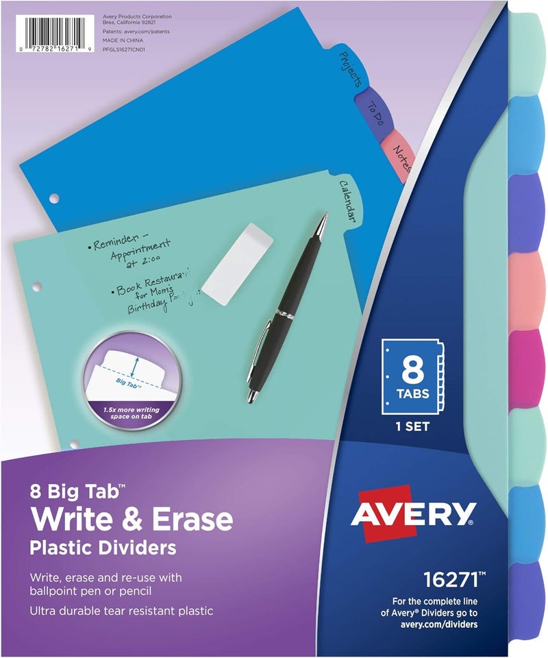 AVERY Durable Plastic 8-Tab Write & Erase Big Tab Dividers for 3 Ring Binders, Pastel Brights (16271) - Image 1