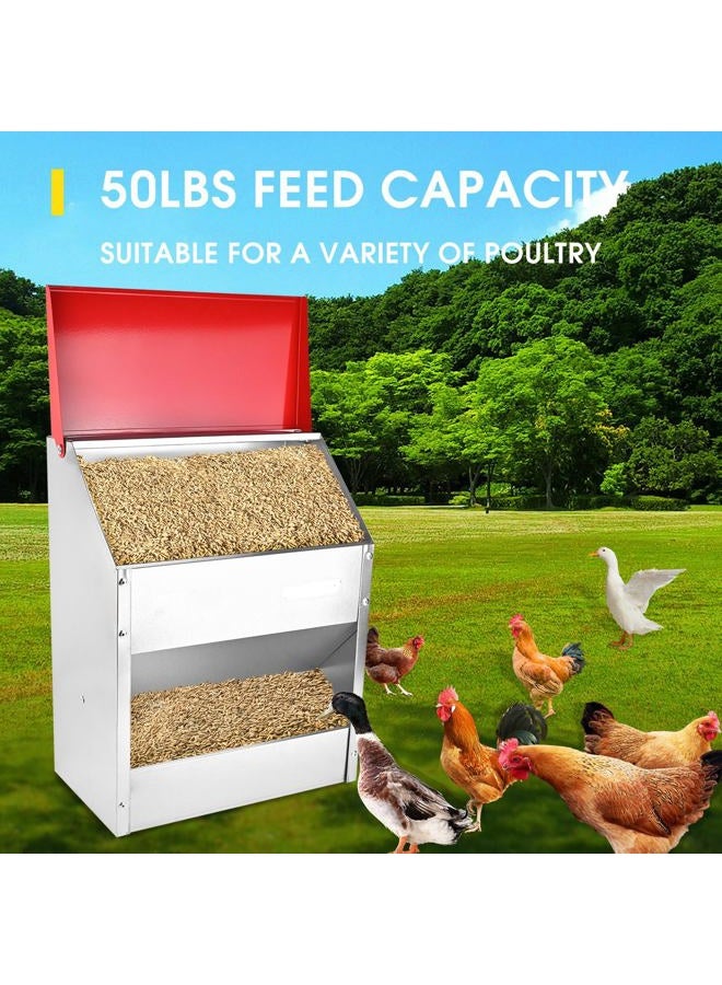 SHENGYI 11.5-55lbs Galvanized Chicken Feeder - Rat Proof Poultry Feeder with Lid Weatherproof Outdoor Coop Food Dispenser (50lbs 13.8x8.3x24.8in) - Image 2