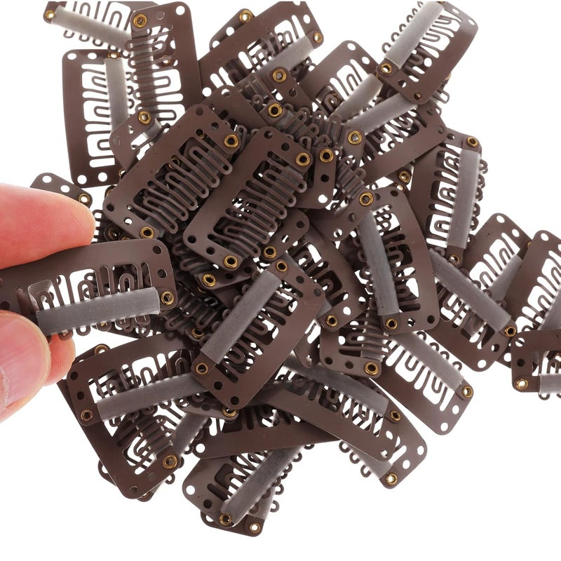 Yolev 50PCS Wigs Snap Clips Hair Extension Clips 6Teeth UShape Metal Silicon Wig Hair Extension Clips for Women Hairpiece Dark Brown