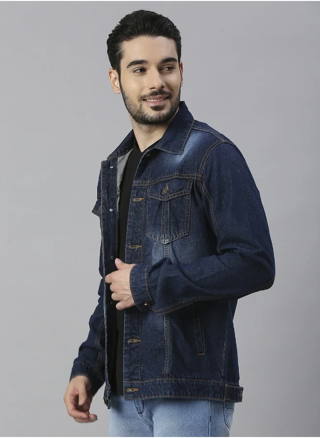 هاي ستار Men Blue Washed Denim Jacket