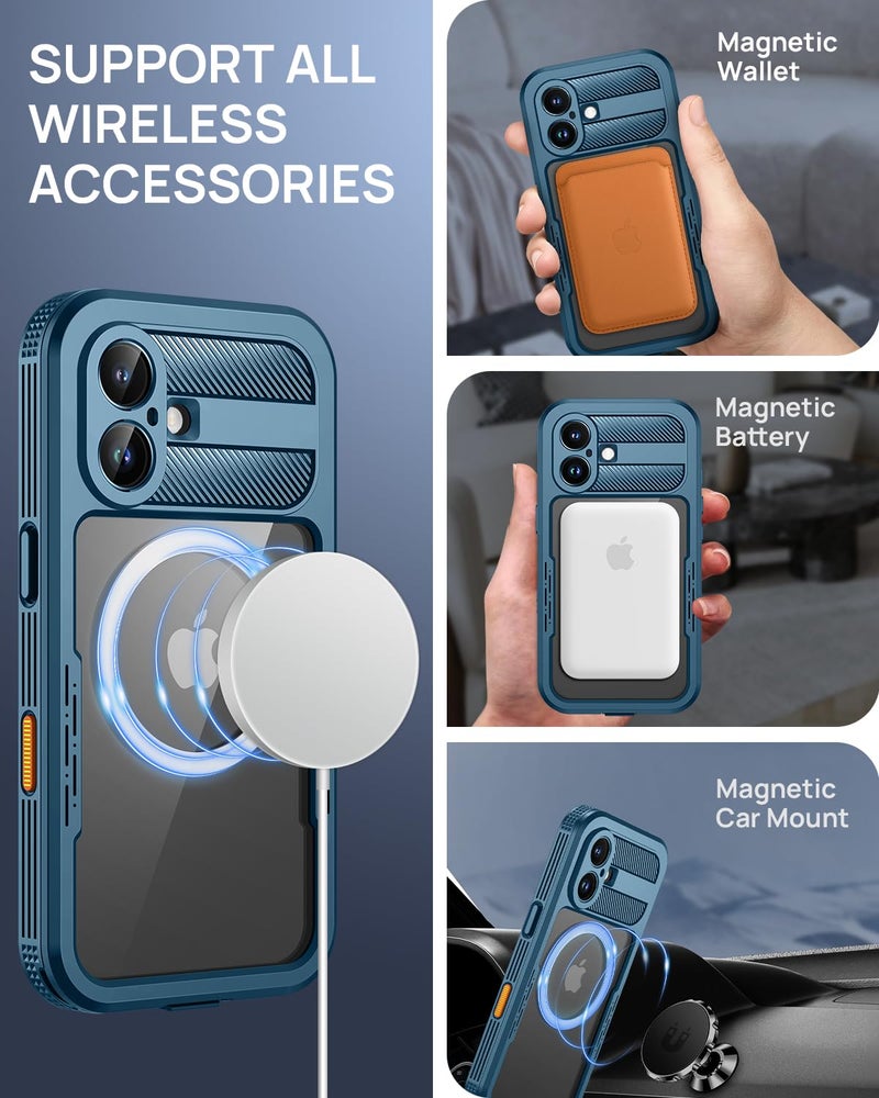 Lanhiem Magnetic for iPhone 16 Plus Case, IP68 Waterproof Dustproof Case, [Compatible with Magsafe] [Built-in Screen Protector] Full Body Heavy Duty Rugged Phone Cover 6.7 inch, Blue/Clear - Image 3