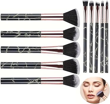 Makeup Brush Set 10Piece Marble Design Professional Brushes for Foundation Powder Blush Blending and Eyeshadow Black - Image 1