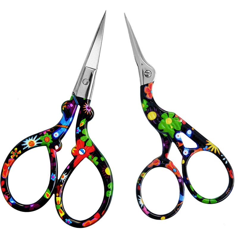 AQUEENLY Embroidery Scissors Vintage 2 Pcs Stainless Steel Stork Scissors Small Sewing Scissor Sharp 3.6 Inches Crochet Scissor for artwork, Threading, Needlework, Black Flower Style - Image 1