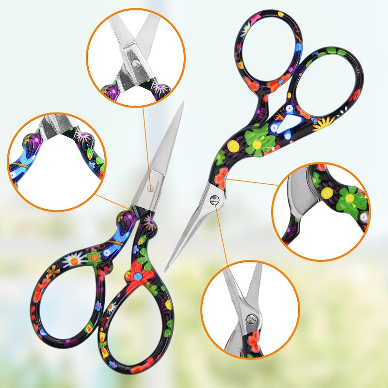 AQUEENLY Embroidery Scissors Vintage 2 Pcs Stainless Steel Stork Scissors Small Sewing Scissor Sharp 3.6 Inches Crochet Scissor for artwork, Threading, Needlework, Black Flower Style - Image 4