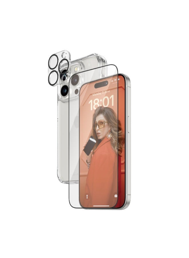 PanzerGlass آيفون 15 برو حماية قصوى حزمة 3 في 1 - واقي شاشة UWF + عدسة كاميرا + غلاف شفاف مع D3O®