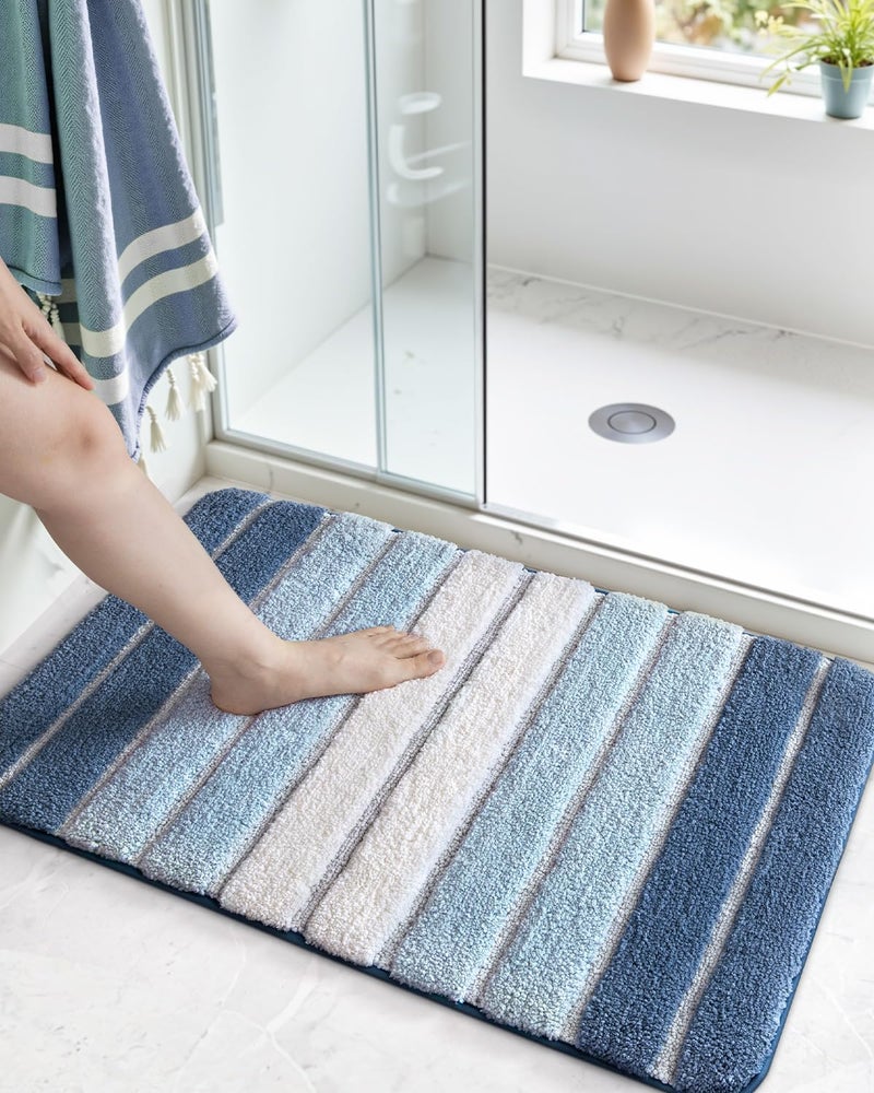 DEXI Bathroom Mat Rug 20x32 Non Slip Washable Bath Rugs Absorbent Shower Mats Soft Floor Carpet for Sink Tub Accessories Decor Blue