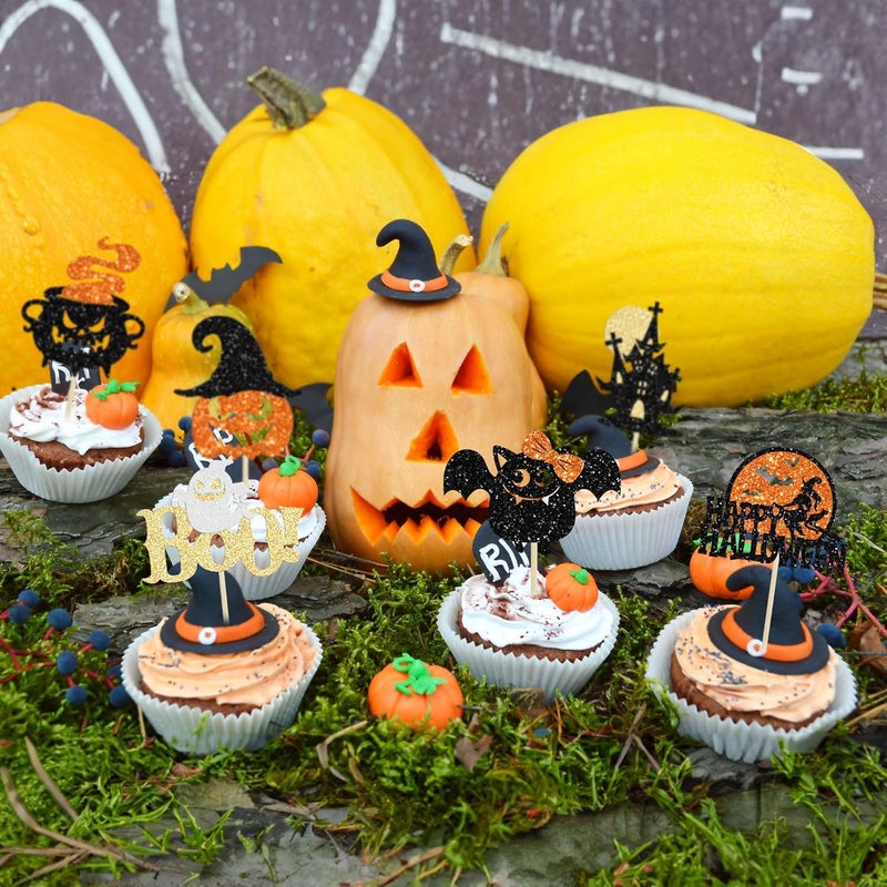 Ephlyn 24Pcs Happy Halloween Cupcake Toppers Glitter Picks - Bat Pumpkin Ghost Decorations for Halloween Theme Baby Shower Birthday Party Cake Supplies - Image 5