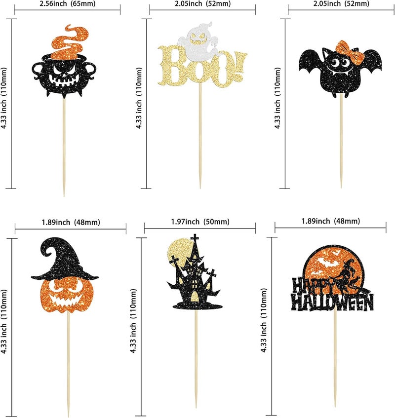 Ephlyn 24Pcs Happy Halloween Cupcake Toppers Glitter Picks - Bat Pumpkin Ghost Decorations for Halloween Theme Baby Shower Birthday Party Cake Supplies - Image 2