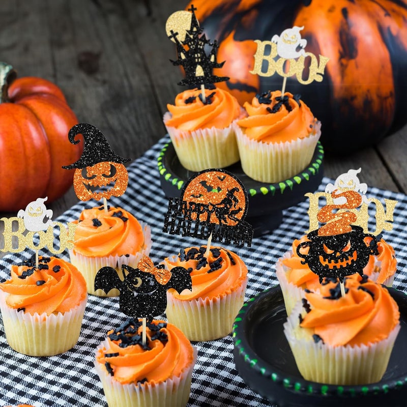 Ephlyn 24Pcs Happy Halloween Cupcake Toppers Glitter Picks - Bat Pumpkin Ghost Decorations for Halloween Theme Baby Shower Birthday Party Cake Supplies - Image 4