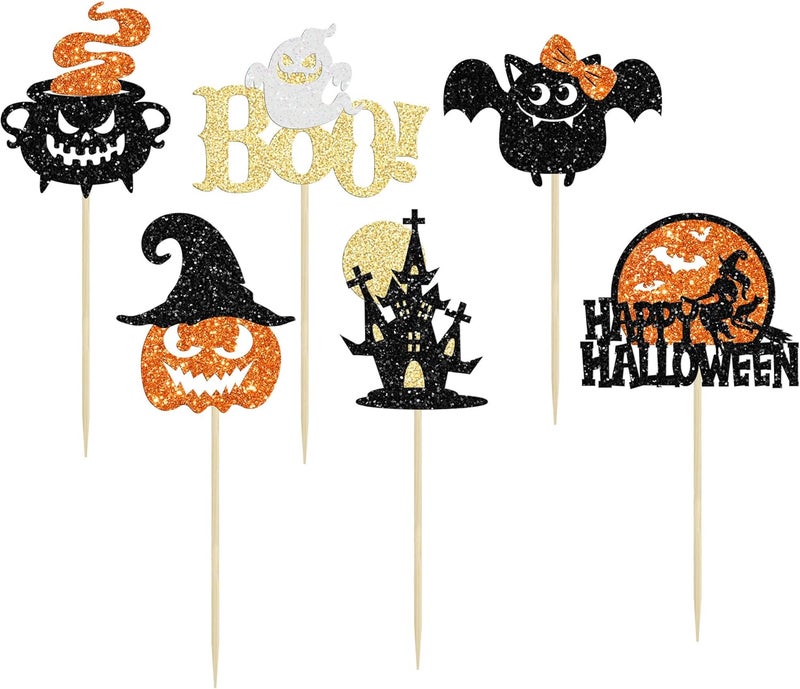 Ephlyn 24Pcs Happy Halloween Cupcake Toppers Glitter Picks - Bat Pumpkin Ghost Decorations for Halloween Theme Baby Shower Birthday Party Cake Supplies - Image 3