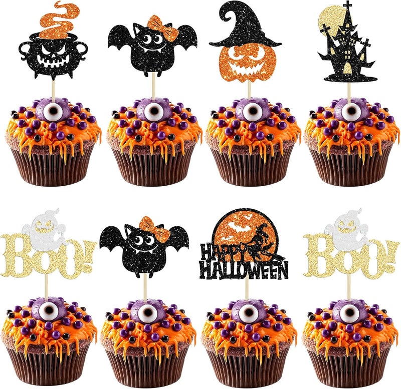 Ephlyn 24Pcs Happy Halloween Cupcake Toppers Glitter Picks - Bat Pumpkin Ghost Decorations for Halloween Theme Baby Shower Birthday Party Cake Supplies - Image 1