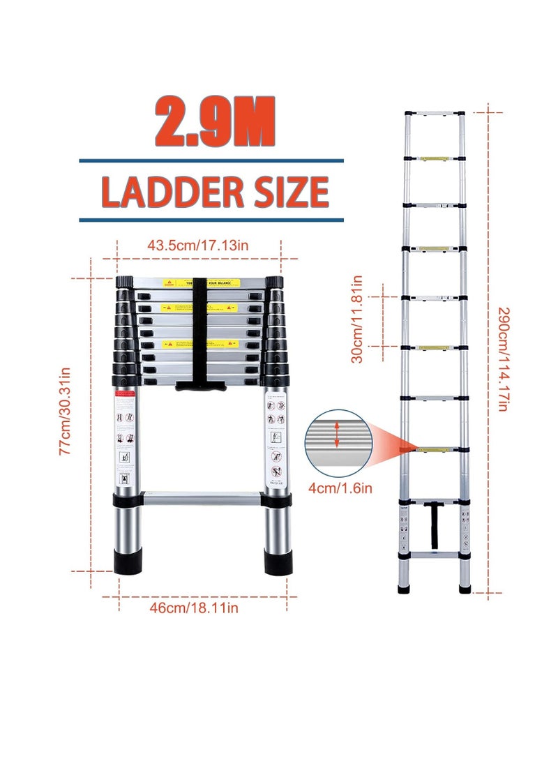 "Telescopic Ladder 2.9M/9.5FT Multi-Purpose Aluminium Extendable Ladders, Adjustable Height Loft Ladder, Portable Sturdy Folding Ladder for Window Replacement, Roof Repair" - Image 2