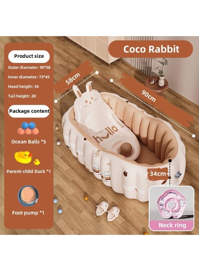LBMT حوض استحمام قابل للنفخ للأطفال،ودعم ظهر قابل للطي لحمام الأطفال، وحوض استحمام محمول للسفر لحديثي الولادة مع فتحة تصريف/مضخة هواء/وسادة حمام/حلقة رقبة أرنب حلوة مقاس 9.5 سم وألعاب لطيفة، وأحواض استحمام أطفال قابلة للطي للرضع والأطفال الصغار (أرنب كوكو) - Image 2