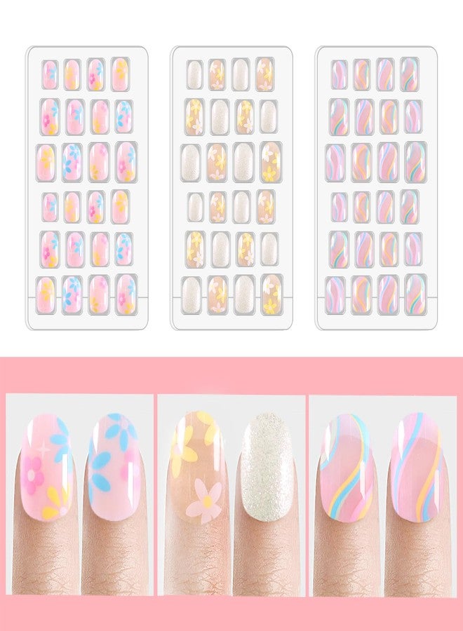 Laza 120pcs Children Nails Press On Pre-glue Full Cover Nail Tips Kit Glitter Gradient Color Rainbow Short Artificial False Nail Kits Lovely Christmas Gift for Children Kids Girls - Rainbow Flower - Image 3