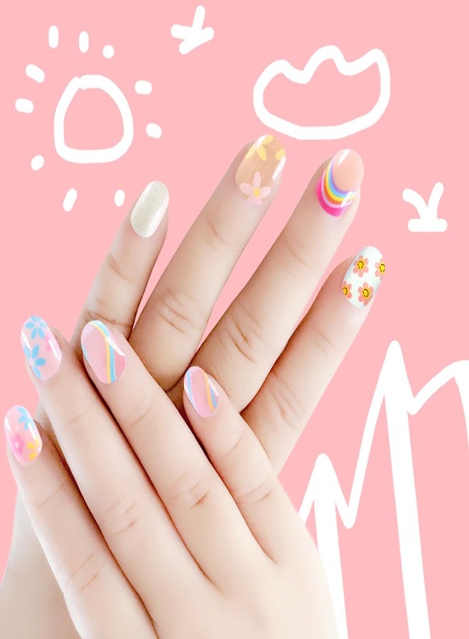 Laza 120pcs Children Nails Press On Pre-glue Full Cover Nail Tips Kit Glitter Gradient Color Rainbow Short Artificial False Nail Kits Lovely Christmas Gift for Children Kids Girls - Rainbow Flower - Image 4