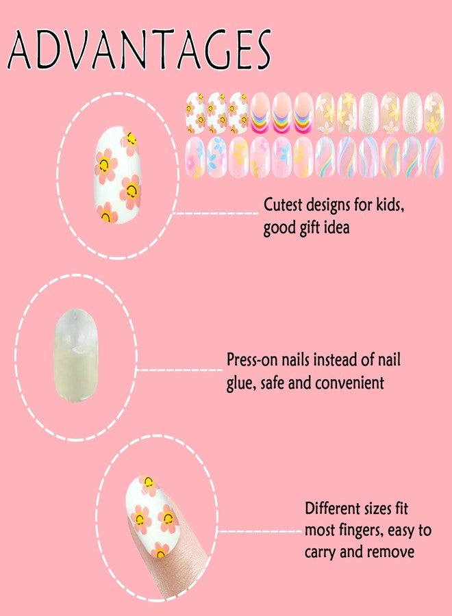 Laza 120pcs Children Nails Press On Pre-glue Full Cover Nail Tips Kit Glitter Gradient Color Rainbow Short Artificial False Nail Kits Lovely Christmas Gift for Children Kids Girls - Rainbow Flower - Image 5