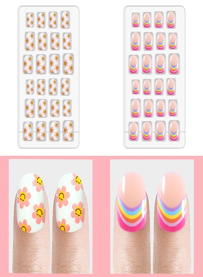 Laza 120pcs Children Nails Press On Pre-glue Full Cover Nail Tips Kit Glitter Gradient Color Rainbow Short Artificial False Nail Kits Lovely Christmas Gift for Children Kids Girls - Rainbow Flower - Image 2