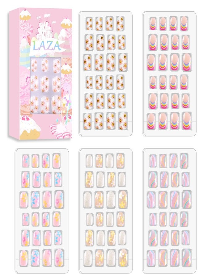 Laza 120pcs Children Nails Press On Pre-glue Full Cover Nail Tips Kit Glitter Gradient Color Rainbow Short Artificial False Nail Kits Lovely Christmas Gift for Children Kids Girls - Rainbow Flower - Image 1
