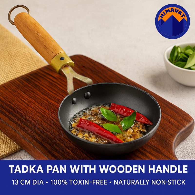 HIMAVAT Pre-Seasoned Metal Iron Tadka Pan with Wooden Handle 13 cm Dia 100% Toxin-Free, Muttai karandi Omelette karandi Omelette pan Naturally Non-Stick, Long Lasting (2) - Image 4