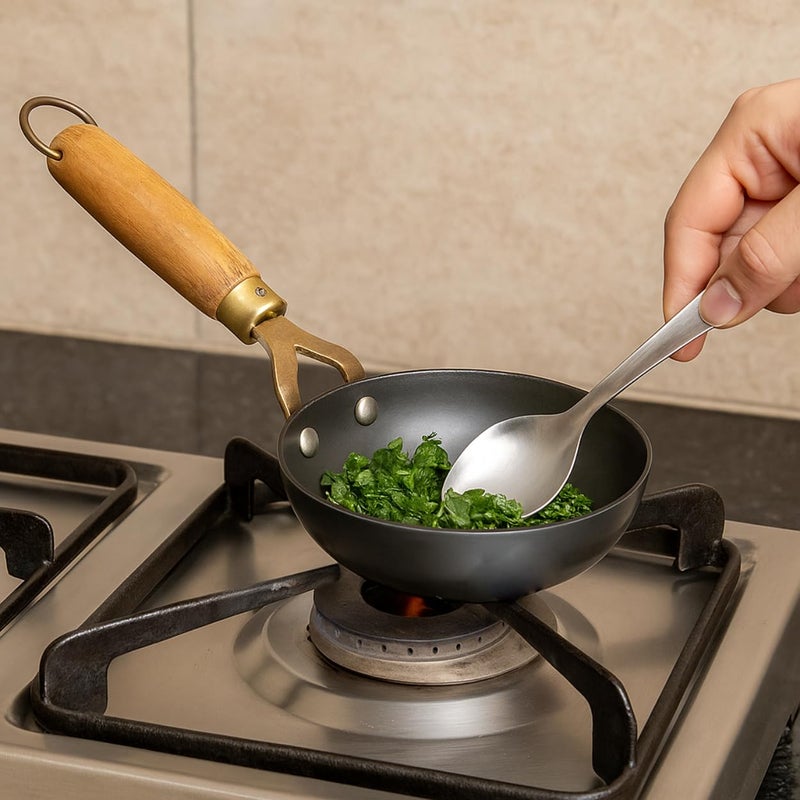 HIMAVAT Pre-Seasoned Metal Iron Tadka Pan with Wooden Handle 13 cm Dia 100% Toxin-Free, Muttai karandi Omelette karandi Omelette pan Naturally Non-Stick, Long Lasting (2) - Image 3
