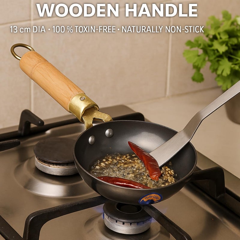 HIMAVAT Pre-Seasoned Metal Iron Tadka Pan with Wooden Handle 13 cm Dia 100% Toxin-Free, Muttai karandi Omelette karandi Omelette pan Naturally Non-Stick, Long Lasting (2) - Image 5