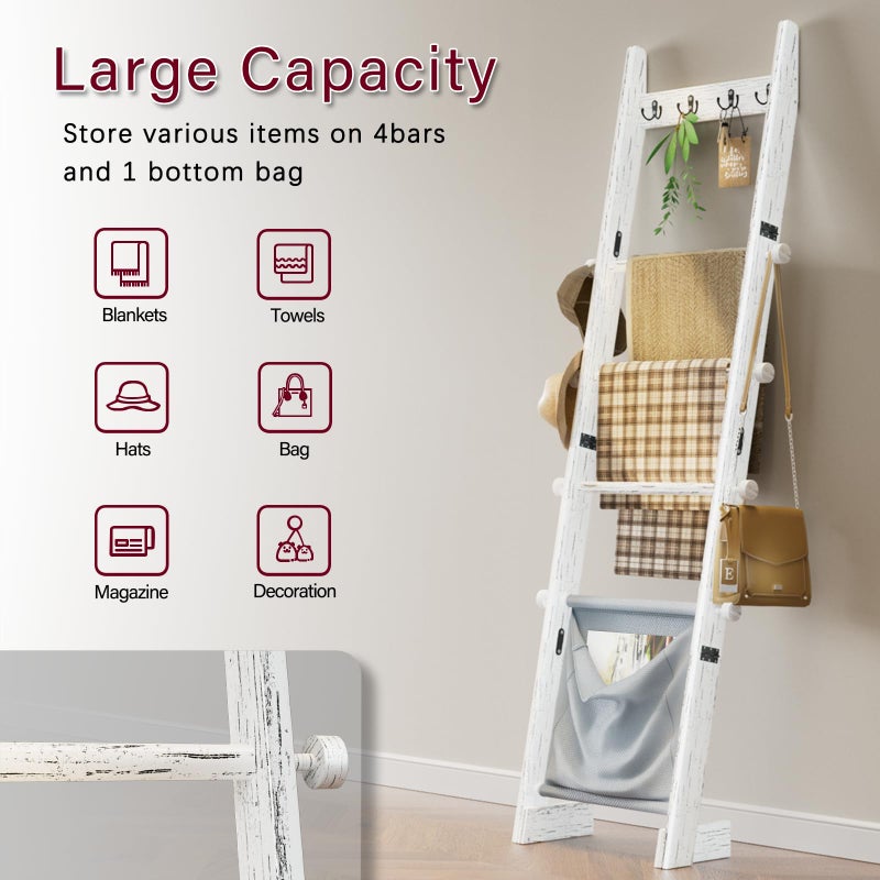 REFGY 5-Tier Blanket Ladder Shelf, 5.3FT (63'') Wall Leaning Blanket Ladders for Living Room Bedroom, Decorative Quilt Rack with 4 Metal Hooks, Rustic Farmhouse Decorative Ladder for Blankets, White - Image 3