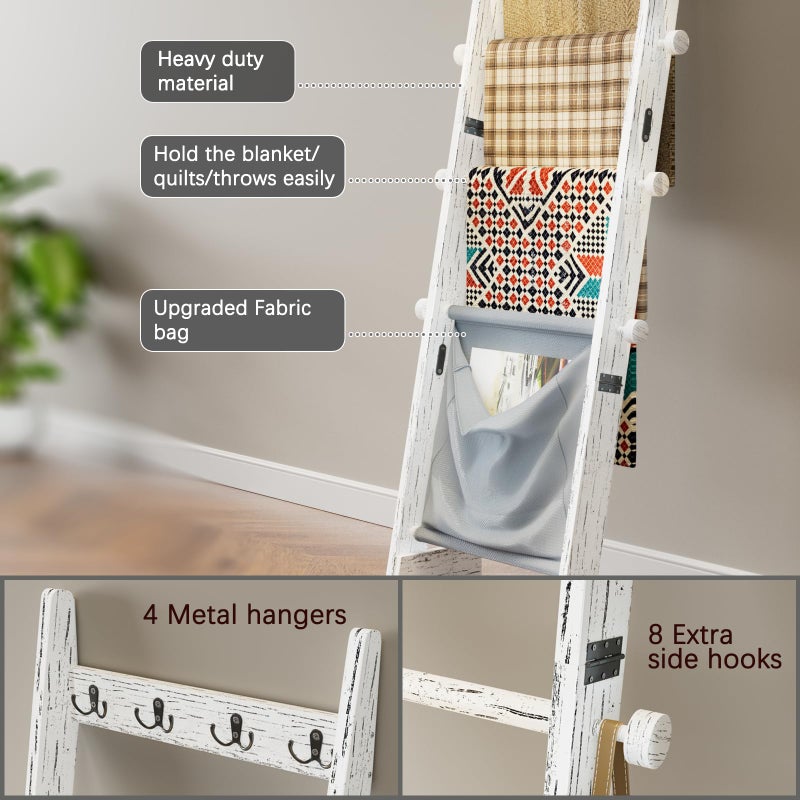 REFGY 5-Tier Blanket Ladder Shelf, 5.3FT (63'') Wall Leaning Blanket Ladders for Living Room Bedroom, Decorative Quilt Rack with 4 Metal Hooks, Rustic Farmhouse Decorative Ladder for Blankets, White - Image 4