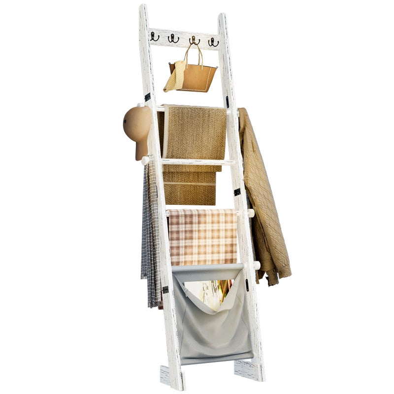 REFGY 5-Tier Blanket Ladder Shelf, 5.3FT (63'') Wall Leaning Blanket Ladders for Living Room Bedroom, Decorative Quilt Rack with 4 Metal Hooks, Rustic Farmhouse Decorative Ladder for Blankets, White - Image 1