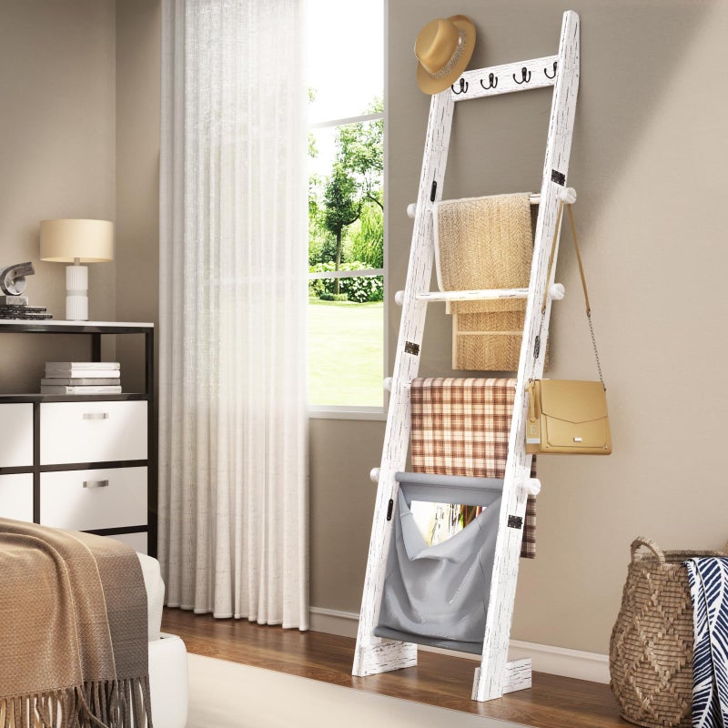 REFGY 5-Tier Blanket Ladder Shelf, 5.3FT (63'') Wall Leaning Blanket Ladders for Living Room Bedroom, Decorative Quilt Rack with 4 Metal Hooks, Rustic Farmhouse Decorative Ladder for Blankets, White - Image 2