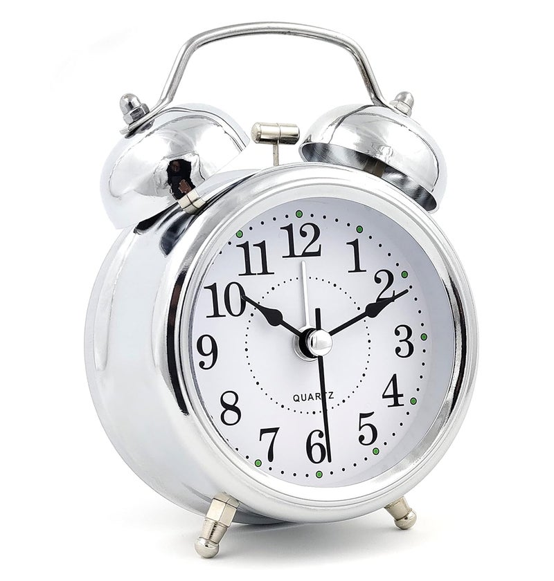 Soulcrown Metal Retro Twin Bell Alarm Clock with TickTick Movement with Night Light Function and Loud OldFashioned Alarm Battery Operated Silver