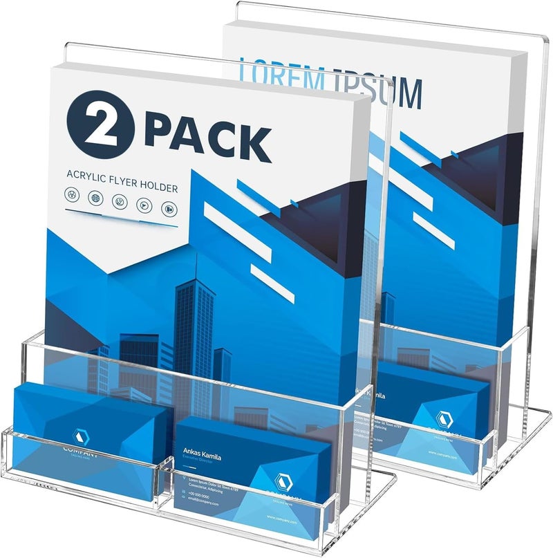 Rarapop A4 Acrylic Leaflet Holder with Business Card Holder, 2 Pack Clear Flyer Holder Countertop Brochure Display Stand for Magazine, Pamphlet, Booklets, Menu, Journals, Business Card (A4) - Image 1