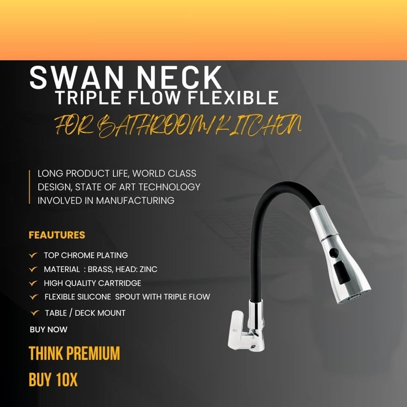 10X Brass Swan Neck for Bathroom Washbasin SN-45249 Table Mount Black Flexible Neck Triple Flow - Image 3