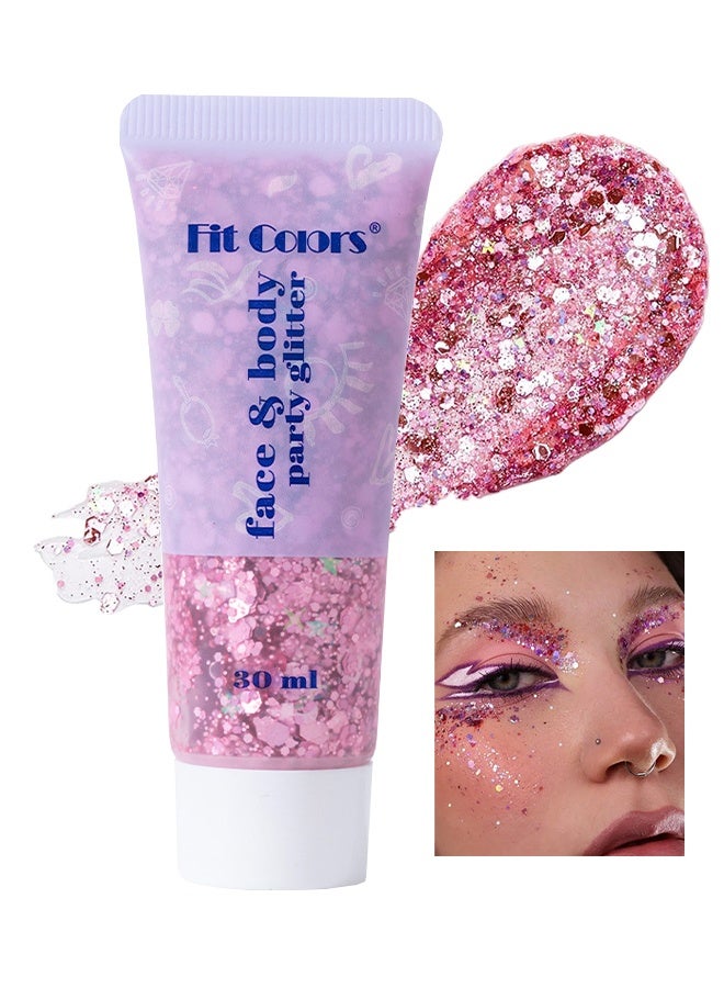 Fit Colors بريق للجسم والوجه، جل بريق للشعر، طلاء وجه بالترتر، إكسسوارات حفلات المغنين ومهرجانات الموسيقى والرقص، جل بريق وجه حورية البحر، طلاء وجه بالترتر بريق رقم 03# وردي - Image 1