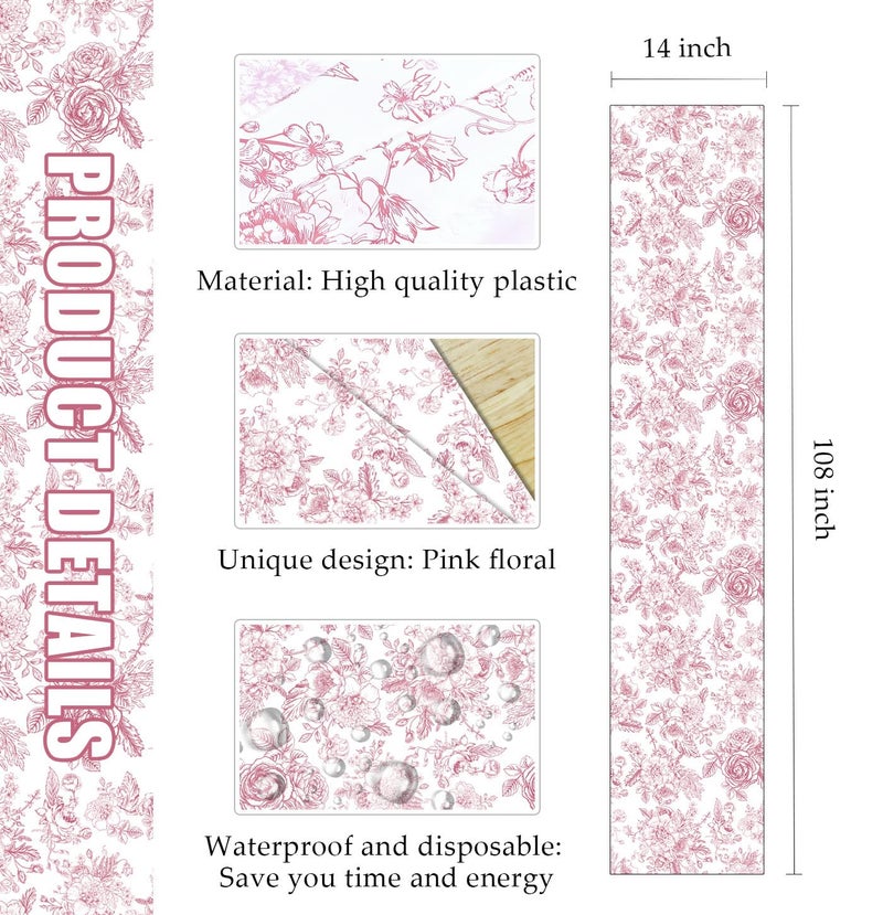 MUNILAIL 6 PCS Pink Floral Table Runner 14 x 108 Plastic Flower Table Runner for Party Birthday Baby Shower Bridal Shower Wedding Disposable Table Runners - Image 3