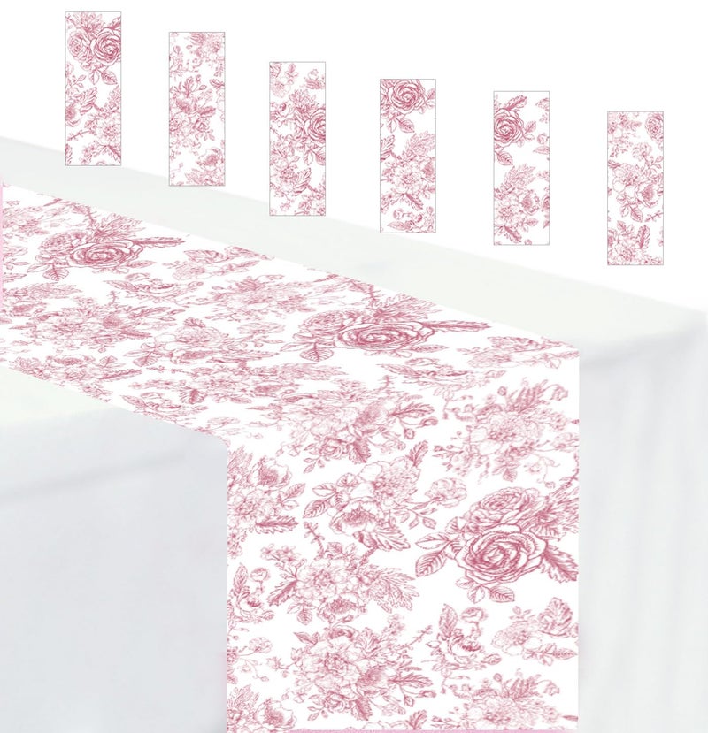 MUNILAIL 6 PCS Pink Floral Table Runner 14 x 108 Plastic Flower Table Runner for Party Birthday Baby Shower Bridal Shower Wedding Disposable Table Runners - Image 1