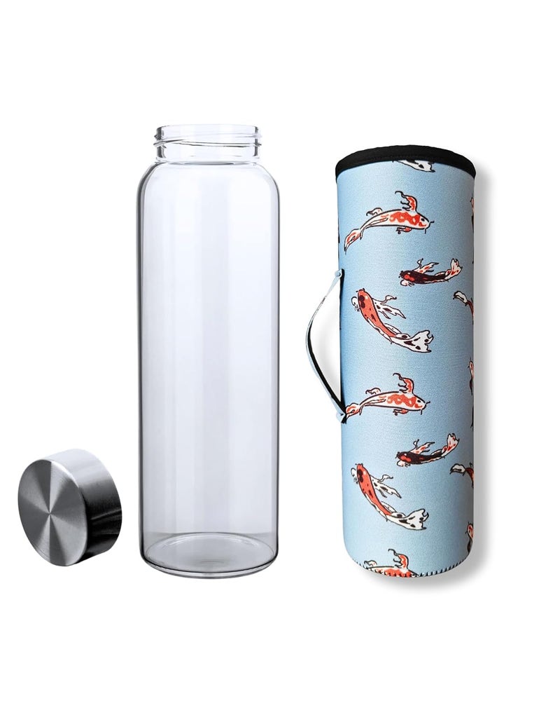 Koozy Up Borosilicate Glass Water Bottle(1 Litre) with Thick Neoprene Cover | Leak proof & Break-Resistant | Best for- Fridge/Detox |Office/College (Koi) - Image 2