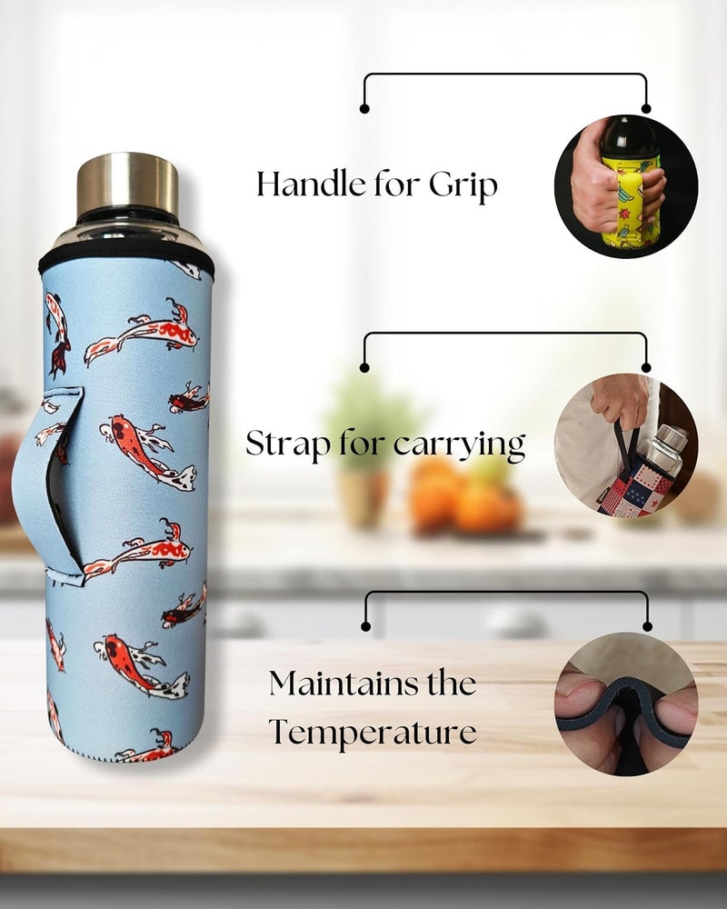 Koozy Up Borosilicate Glass Water Bottle(1 Litre) with Thick Neoprene Cover | Leak proof & Break-Resistant | Best for- Fridge/Detox |Office/College (Koi) - Image 4