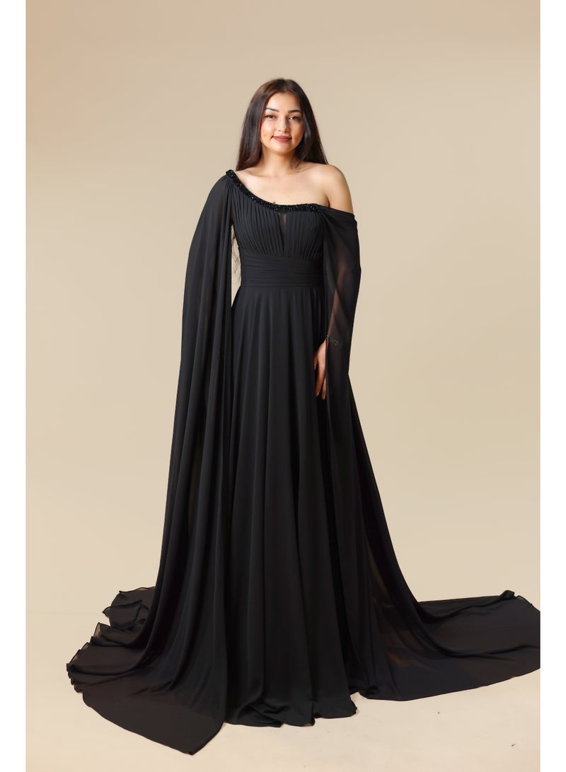 FAIZ COUTURE Elegant Black One-Shoulder Cape Evening Gown - Image 1