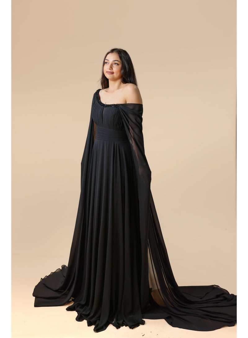 FAIZ COUTURE Elegant Black One-Shoulder Cape Evening Gown - Image 2
