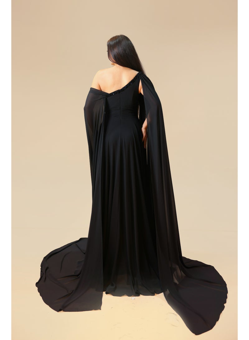 FAIZ COUTURE Elegant Black One-Shoulder Cape Evening Gown - Image 4