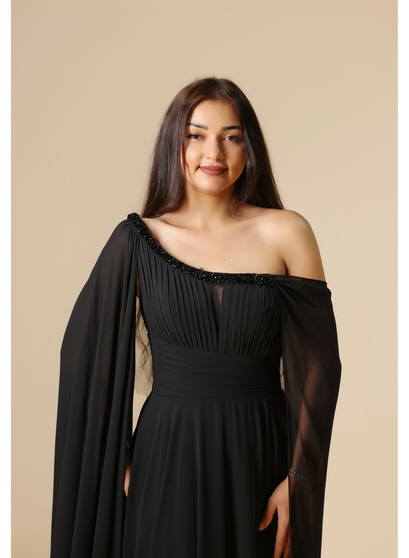 FAIZ COUTURE Elegant Black One-Shoulder Cape Evening Gown - Image 3