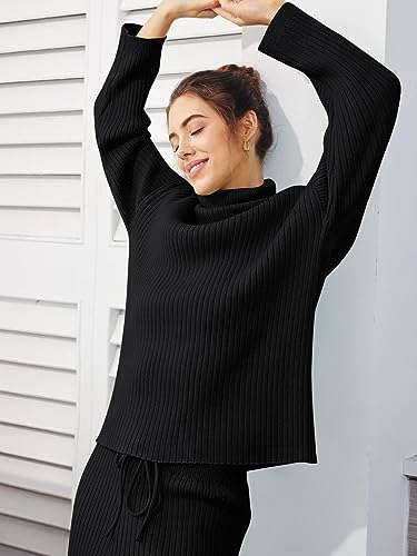 LILLUSORY Women 2 Two Piece Outfits Winter Clothes Turleneck Sweater Matching Lounge Sets Wide Leg Pants 2025 Fall Trendy Cozy Ribbed Knit Sweatsuits Sweat Suit Travel Loungewear Black L - Image 3