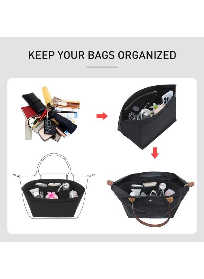 OAikor Longchamp Purse Organizer Insert Compatible with Le Pliage Large Tote Handbags, Felt Zipper Bag Organizer Insert with Cup Holder, 8 Compartments (Black,L) - Image 3
