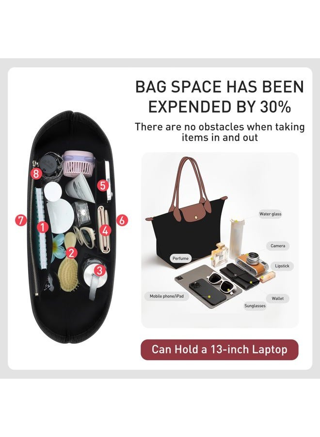 OAikor Longchamp Purse Organizer Insert Compatible with Le Pliage Large Tote Handbags, Felt Zipper Bag Organizer Insert with Cup Holder, 8 Compartments (Black,L) - Image 4