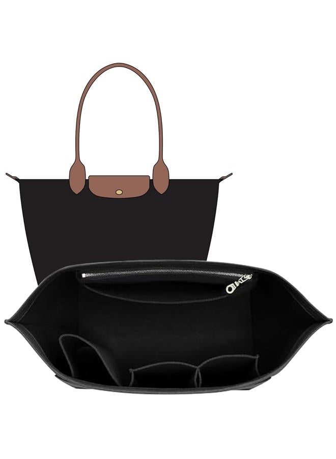 OAikor Longchamp Purse Organizer Insert Compatible with Le Pliage Large Tote Handbags, Felt Zipper Bag Organizer Insert with Cup Holder, 8 Compartments (Black,L) - Image 1