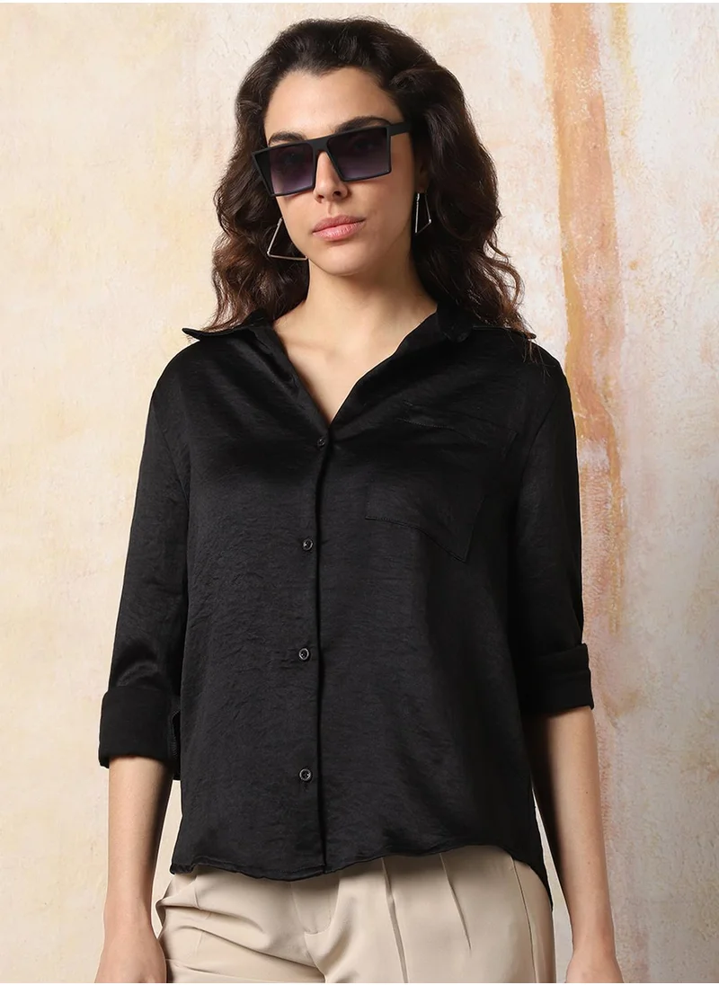 HIGH STAR Stay effortlessly stylish with this comfortable Black Boxy Fit Shirts Solid design crafted from 100% Polyester featuring Long Sleeves with Button closure.