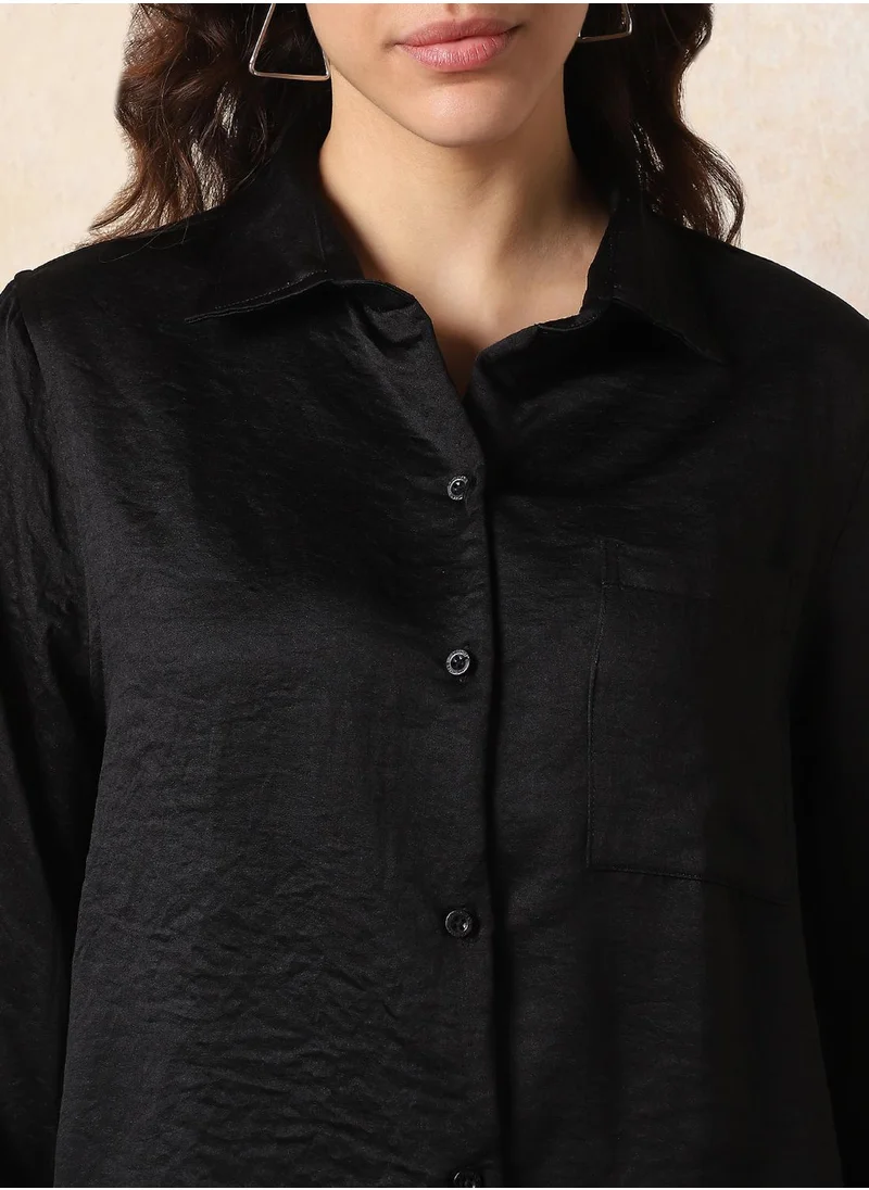 HIGH STAR Stay effortlessly stylish with this comfortable Black Boxy Fit Shirts Solid design crafted from 100% Polyester featuring Long Sleeves with Button closure.