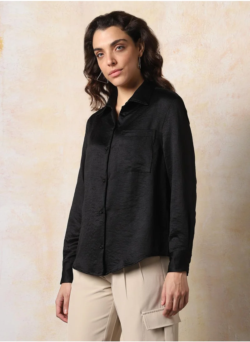 HIGH STAR Stay effortlessly stylish with this comfortable Black Boxy Fit Shirts Solid design crafted from 100% Polyester featuring Long Sleeves with Button closure.