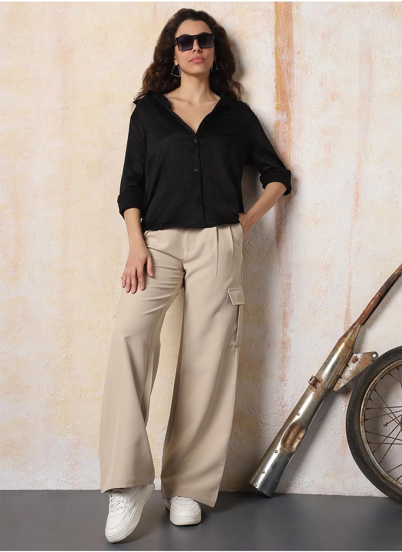 HIGH STAR - Stay effortlessly stylish with this comfortable Black Boxy Fit Shirts Solid design crafted from 100% Polyester featuring Long Sleeves with Button closure. - Image 1